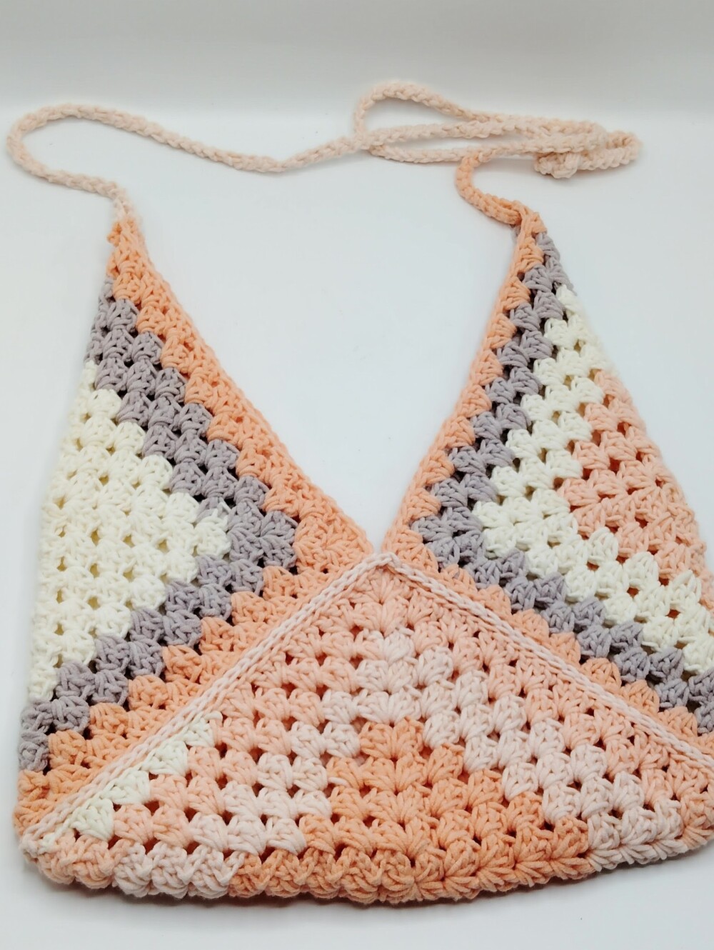 Handmade Crocheted Triangle Bralette - Peach, Cream & Gray